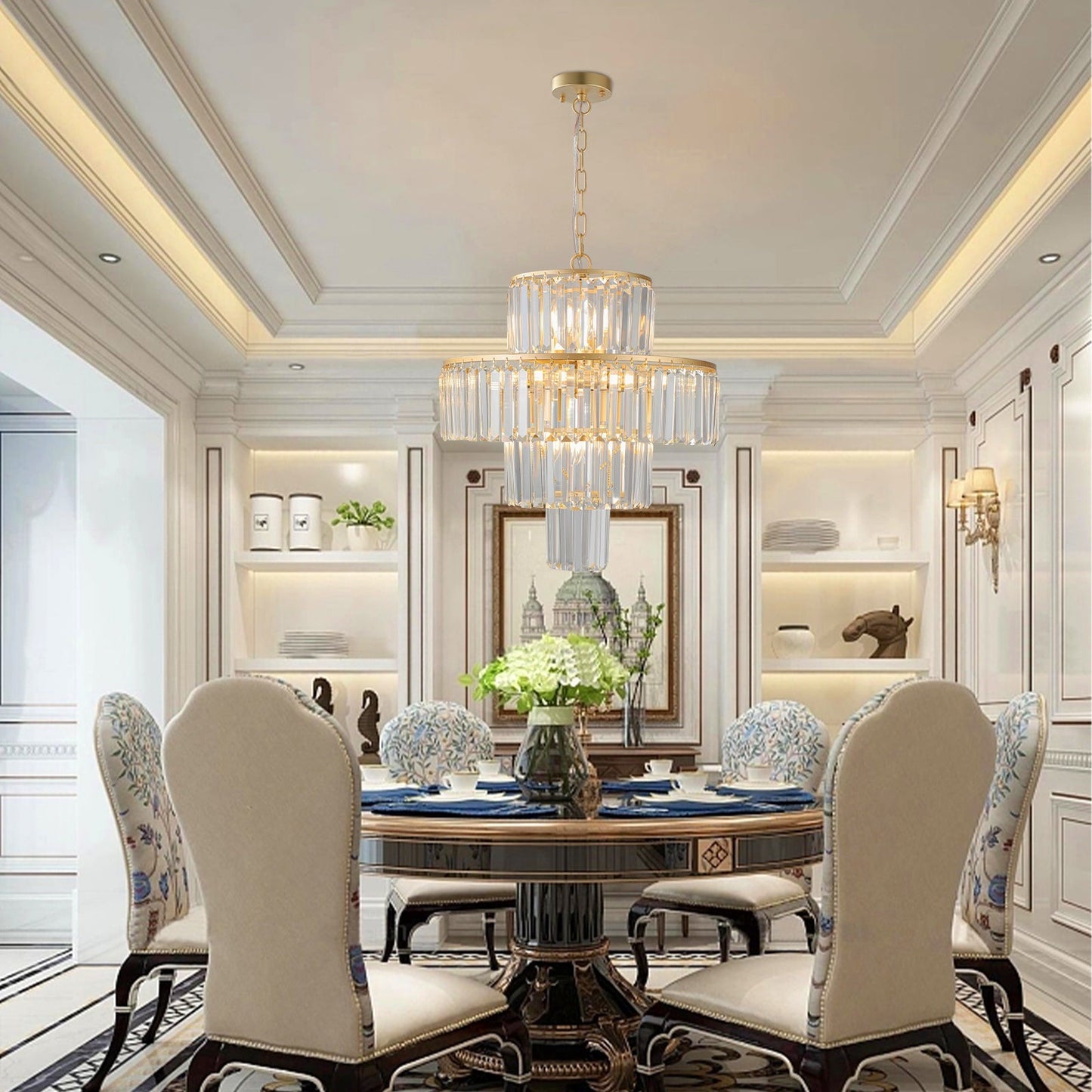 Chandelier by HouseOfZazla: 12-light gold 4-tier crystal pendant over dining table on Tampa Home & Garden Store