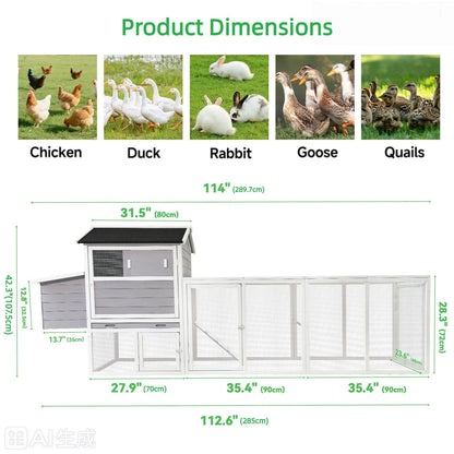 Chicken Coop With Run And Nesting Box hutches diagram with poultry icons and dimensions on Tampa Home & Garden Store