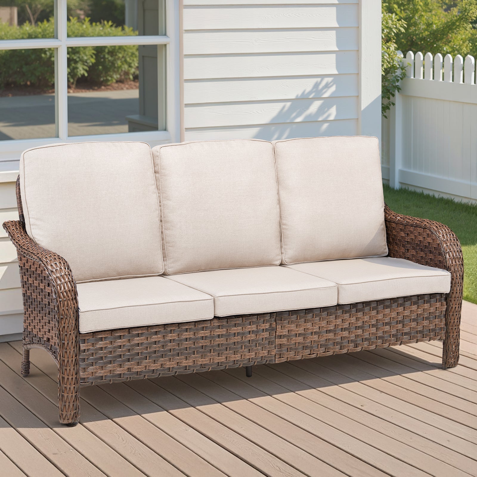 70.9in PE wicker rattan furniture set with beige cushions brown woven frame HouseOfZazla on Tampa Home & Garden Store