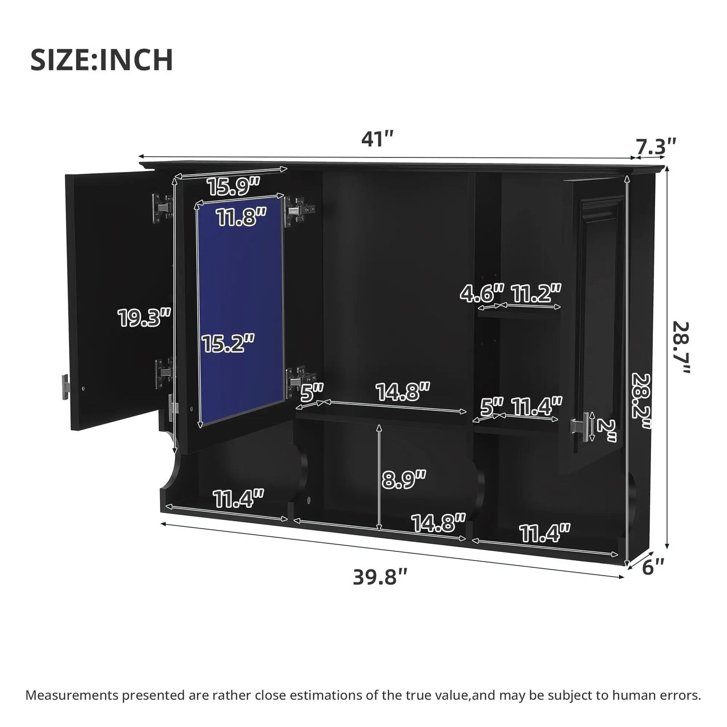 Modern black wallmounted medicine cabinet with mirror shelves, adjustable interior over toilet on Tampa Home & Garden Store