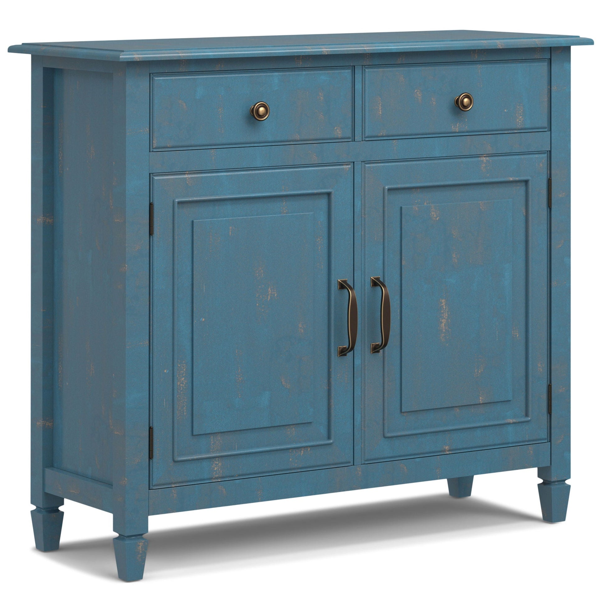 Connaught entryway storage cabinet blue distressed finish with two top drawers and brass knobs on Tampa Home & Garden Store