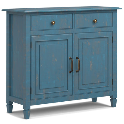 Connaught entryway storage cabinet blue distressed finish with two top drawers and brass knobs on Tampa Home & Garden Store