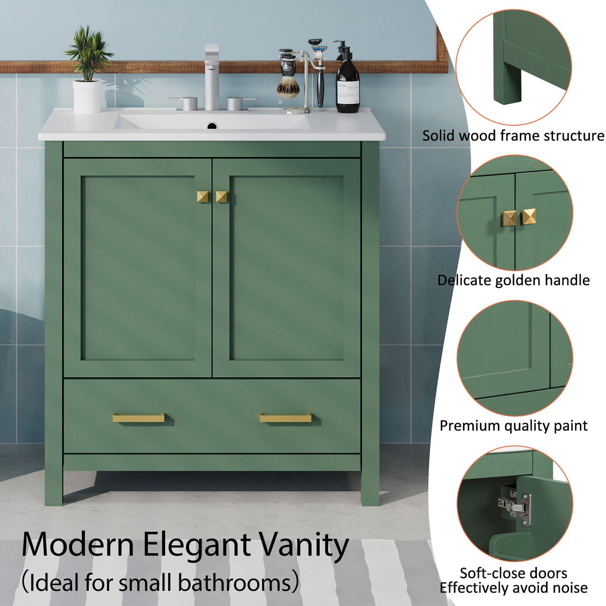 Green bathroom vanity with single undermount sink and storage in solid wood by HouseOfZazla on Tampa Home & Garden Store