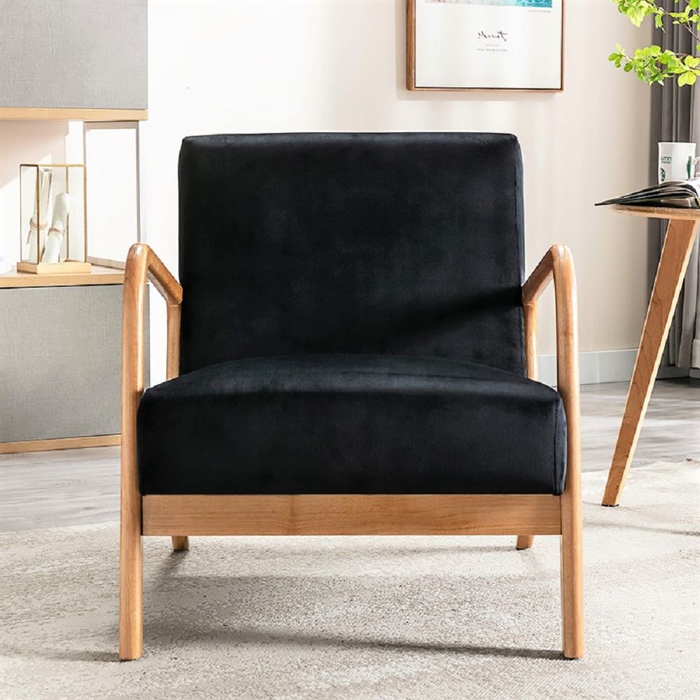 HouseOfZazla black velvet mid-century modern armchair with natural wood open frame on Tampa Home & Garden Store
