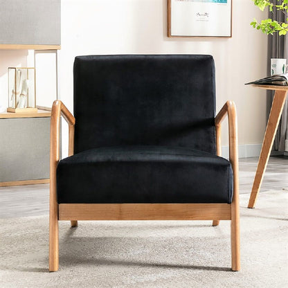 HouseOfZazla black velvet mid-century modern armchair with natural wood open frame on Tampa Home & Garden Store