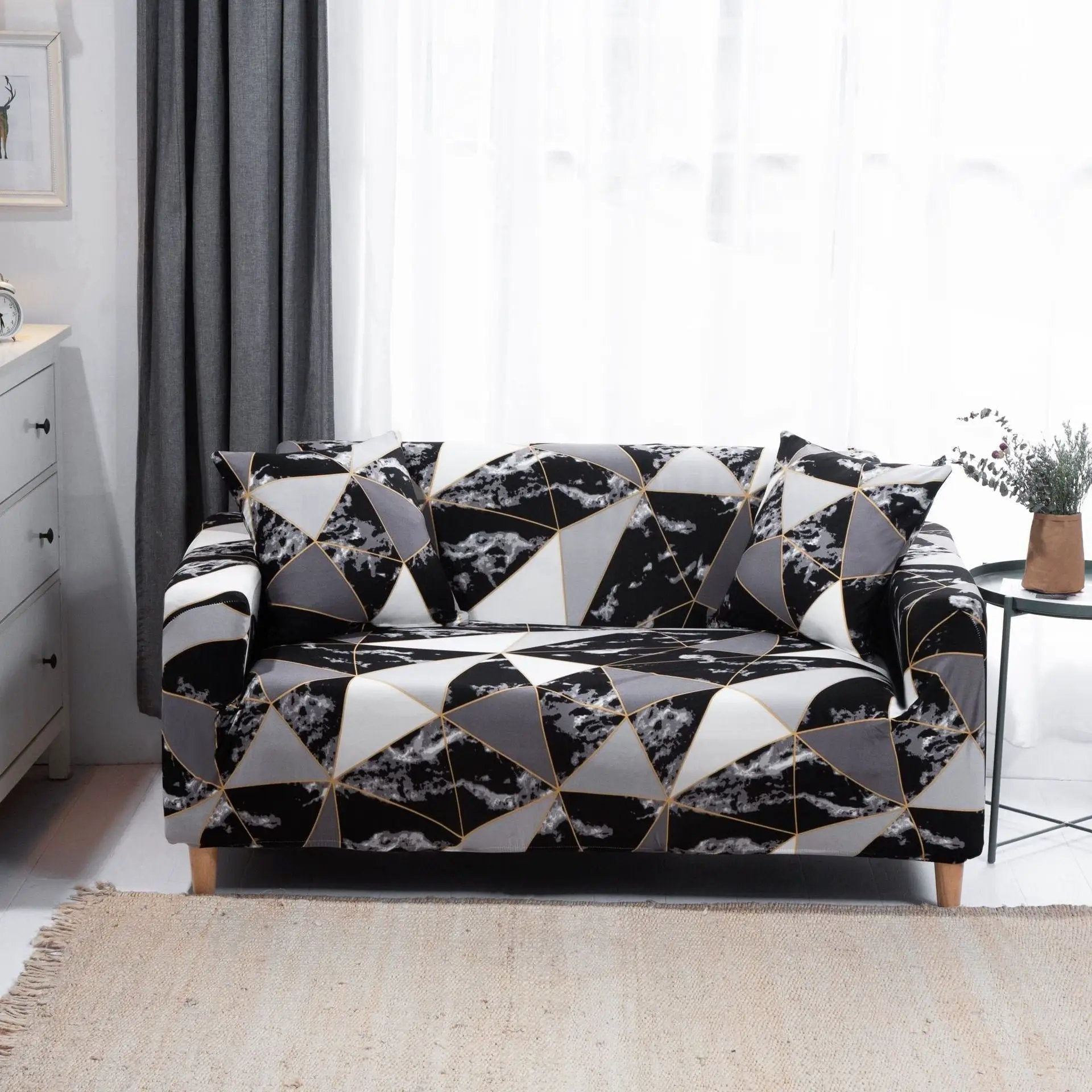 Sofa Cover Elastic All-inclusive Full Cover with black-gray geometric triangles and gold trim on Tampa Home & Garden Store