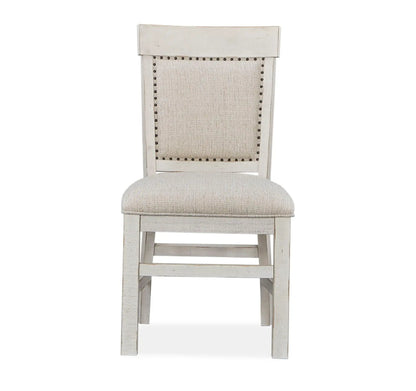 Bronwyn dining side chair with upholstered alabaster seat and back, nailhead trim on Tampa Home & Garden Store