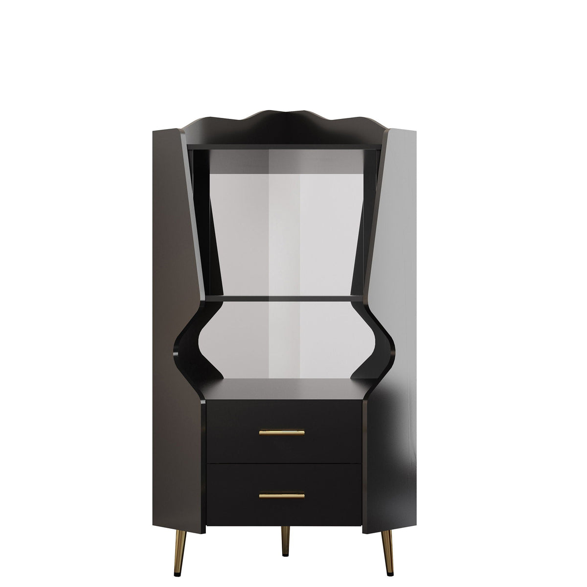 Corner Bar Cabinet by HouseOfZazla with mirrored back, black wood finish and gold legs on Tampa Home & Garden Store