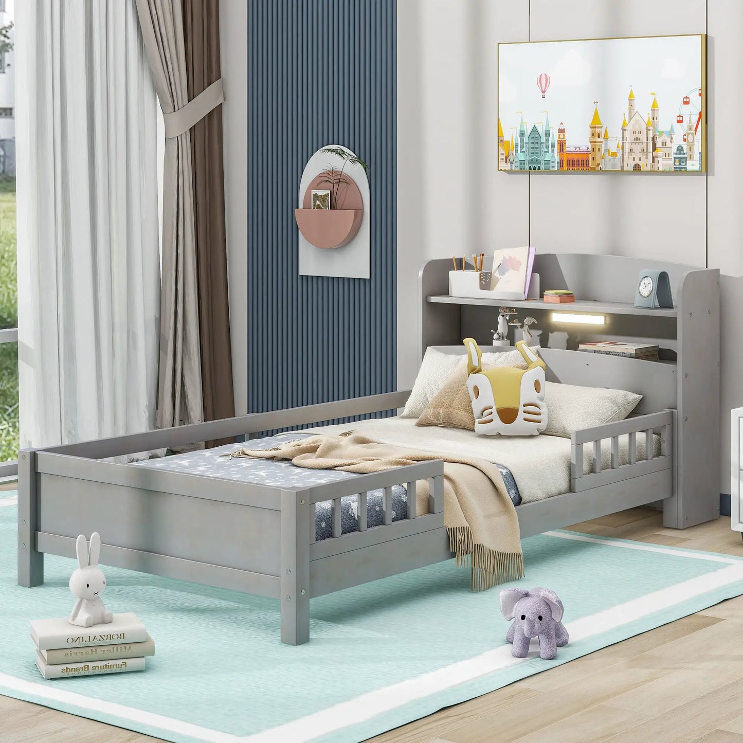 Wood Platform Bed With Led Light and Guardrail