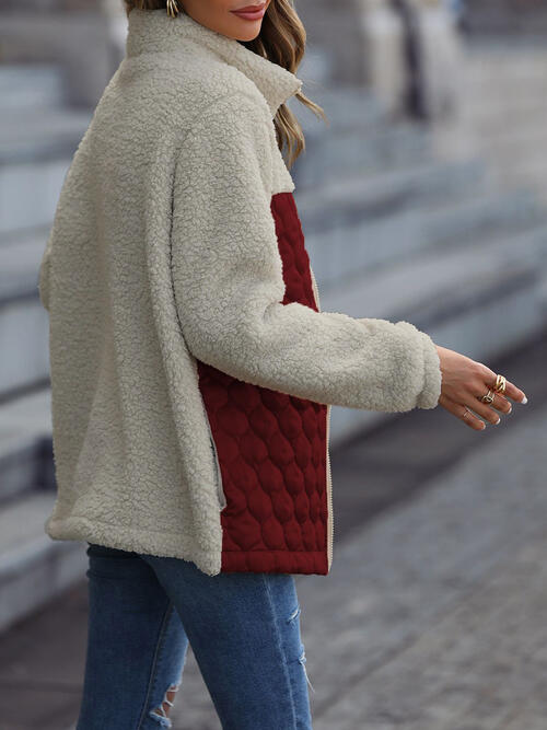 Autumn Leopard Color Block Zip-Up Jacket beige sherpa with maroon quilted panels, pockets on Tampa Home & Garden Store