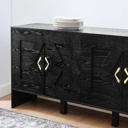 60in mid-century sideboard by HouseOfZazla; black wood finish, gold handles, plates on top on Tampa Home & Garden Store