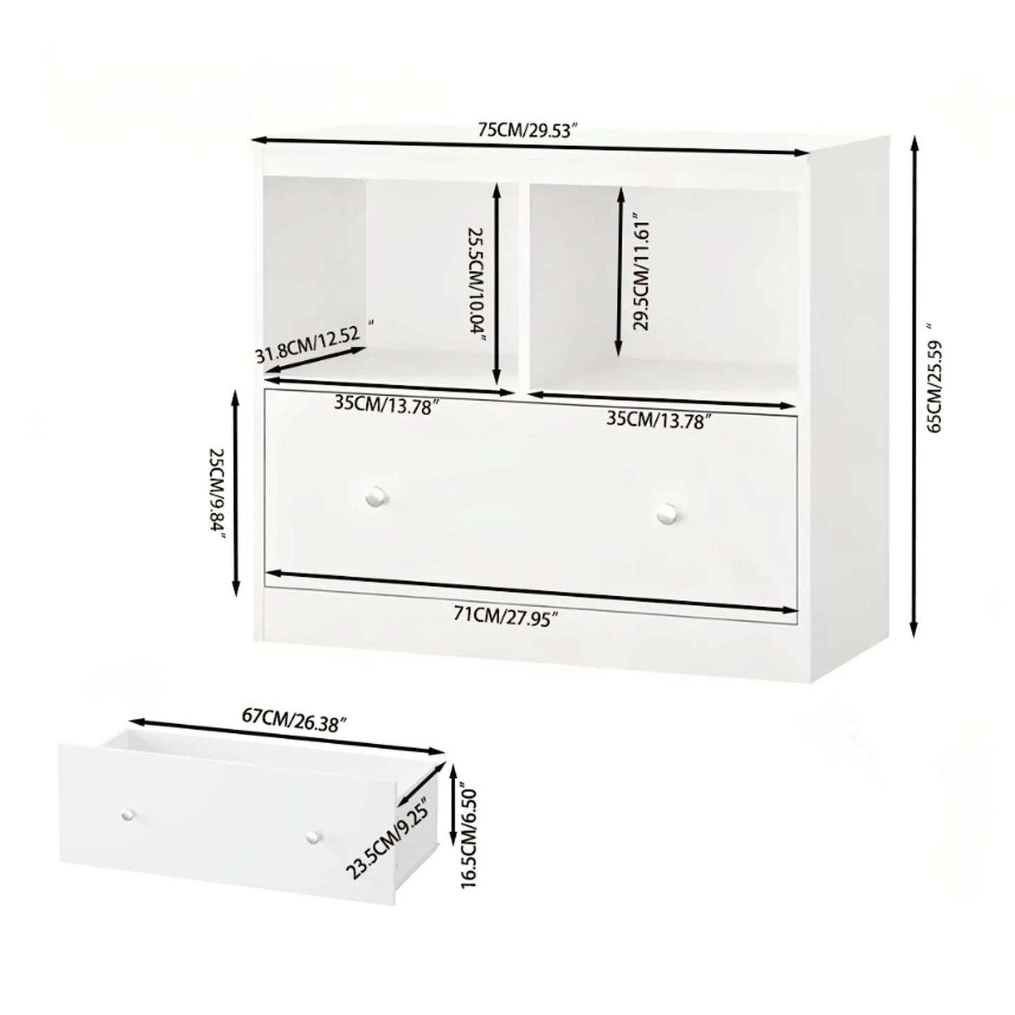 Toy storage organizer with large drawer and low bookshelf in white, two top cubbies on Tampa Home & Garden Store