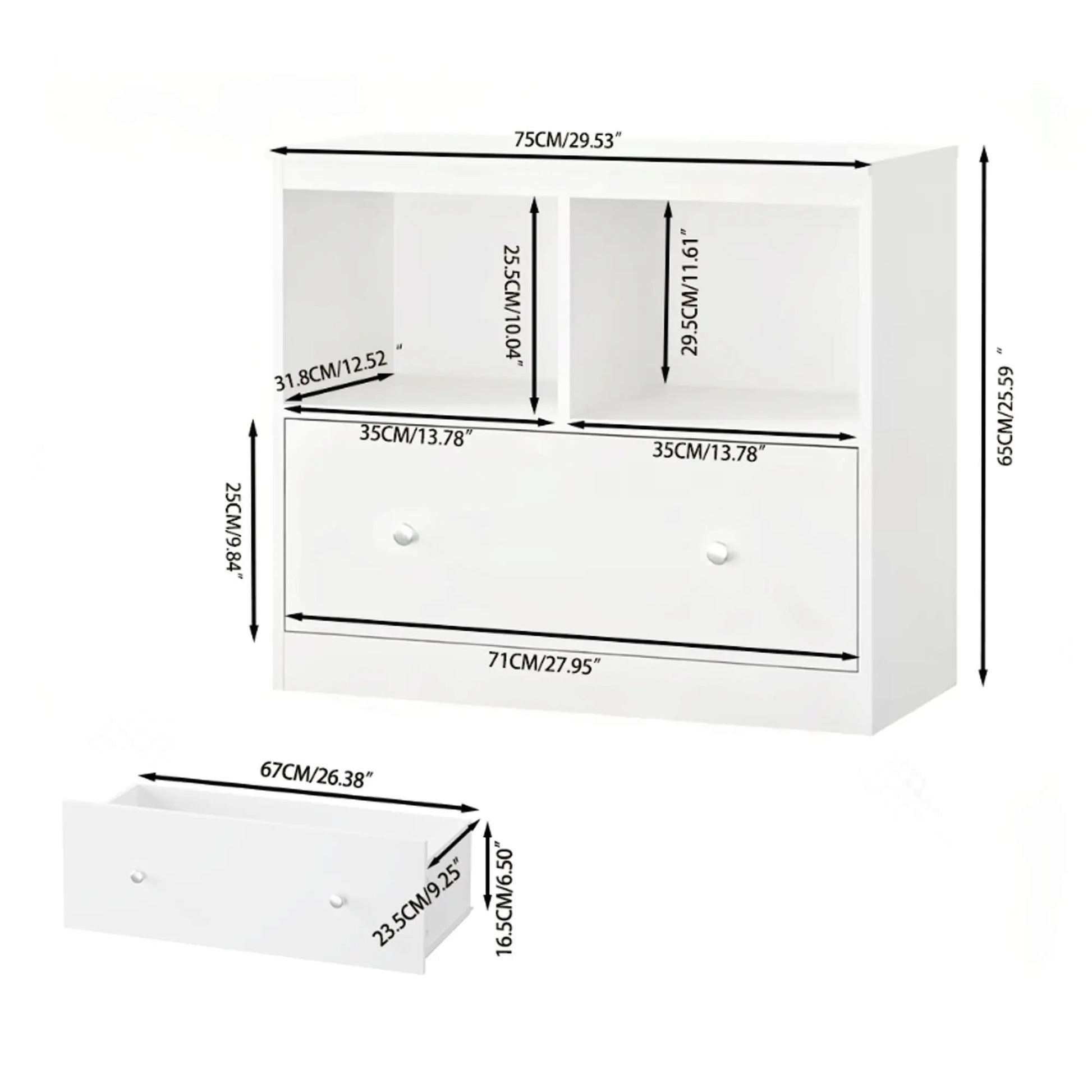 Toy storage organizer with large drawer and low bookshelf in white, two top cubbies on Tampa Home & Garden Store
