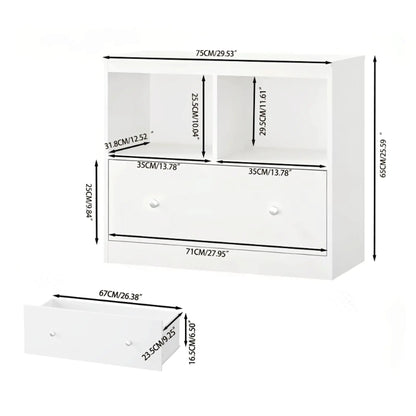 Toy storage organizer with large drawer and low bookshelf in white, two top cubbies on Tampa Home & Garden Store