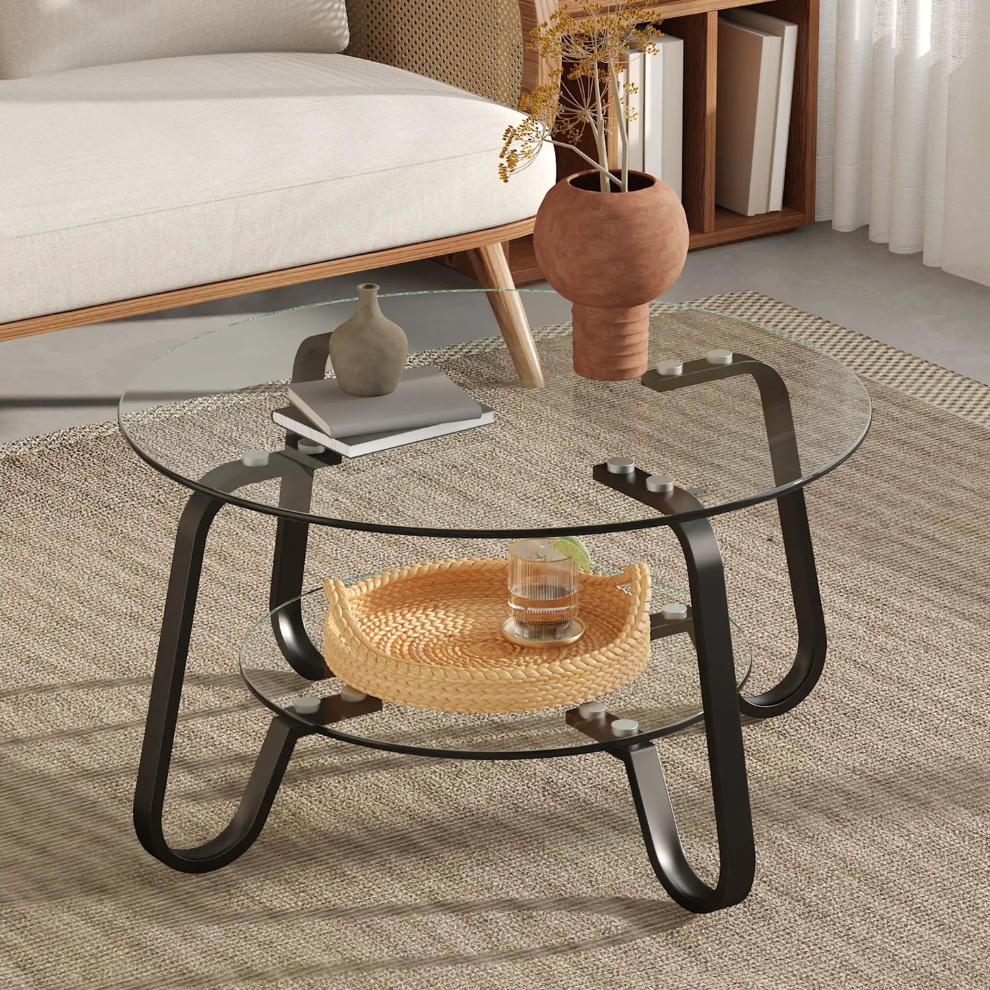 Double Layer Coffee Table with round glass top and lower shelf, black curved metal legs on Tampa Home & Garden Store
