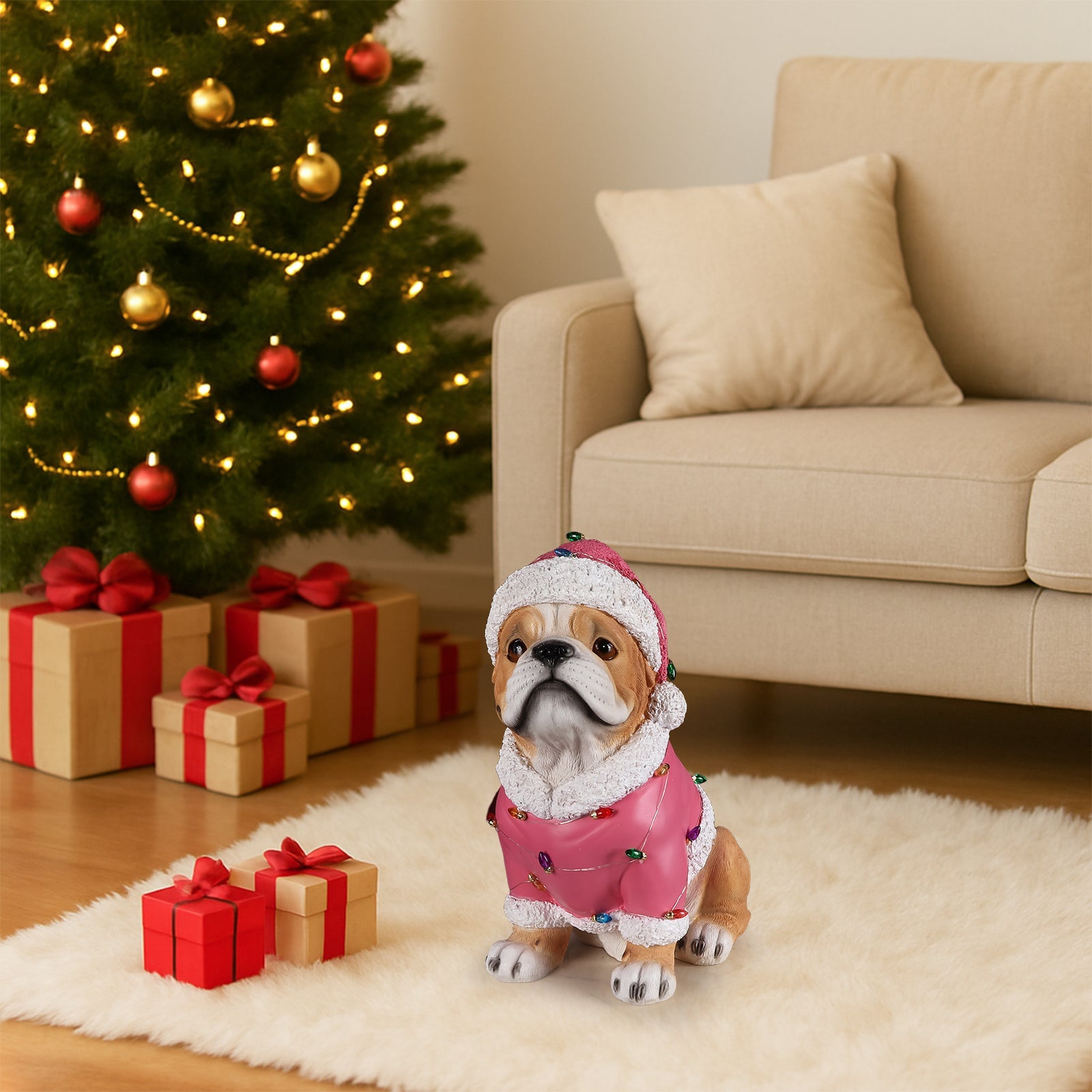 Christmas Pug Statue in pink Santa outfit by HouseOfZazla, holiday dog figurine on Tampa Home & Garden Store