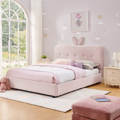 Full size kids upholstered bed with oversized pink rabbit ear headboard, tufted fabric on Tampa Home & Garden Store