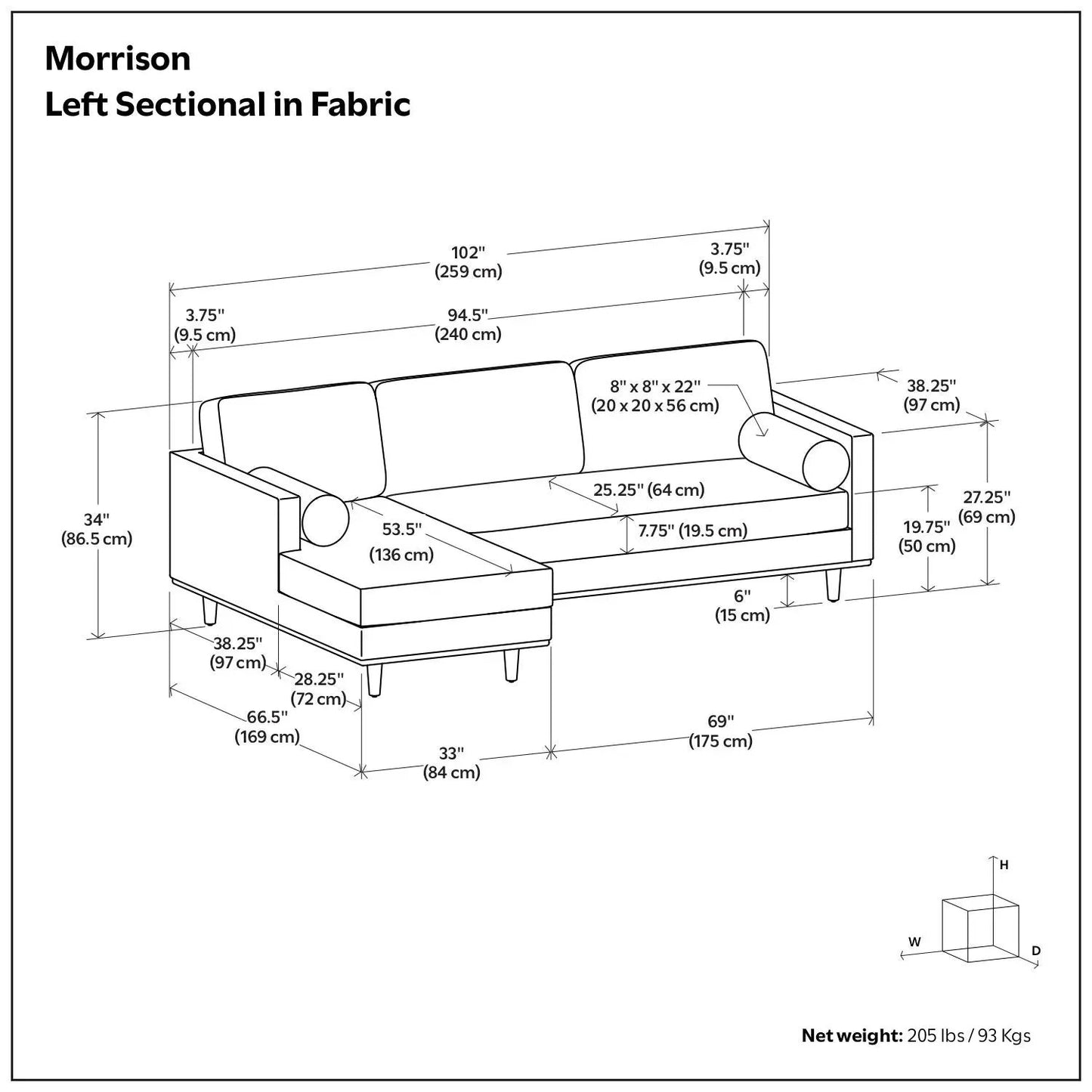 Morrison left sectional sofa in fabric with chaise, dimensioned diagram by Unique Piece Furniture on Tampa Home & Garden Store