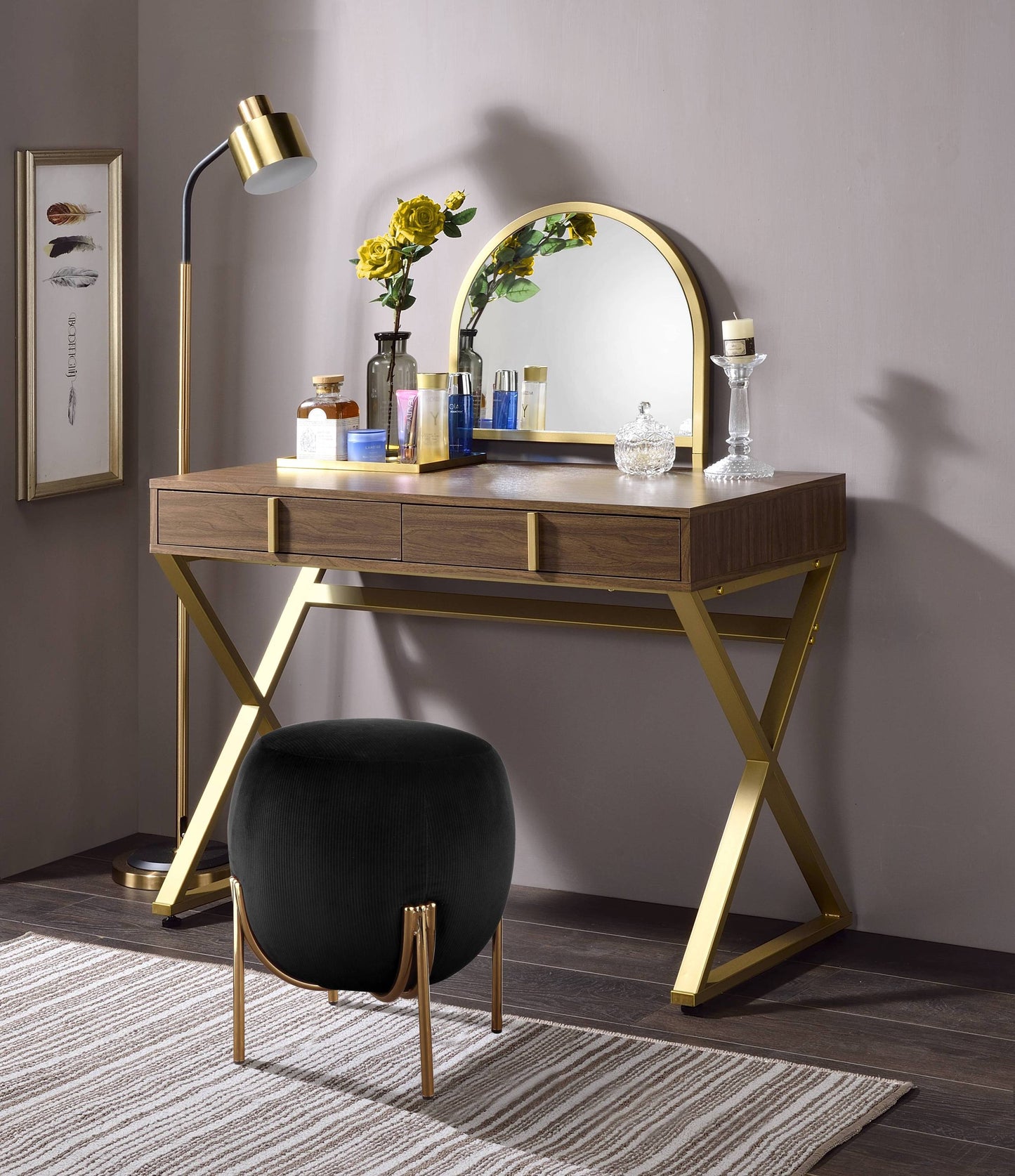 Coleen Walnut & Gold Finish Vanity Desk with Mirror & Jewelry Tray, cosmetics on top on Tampa Home & Garden Store