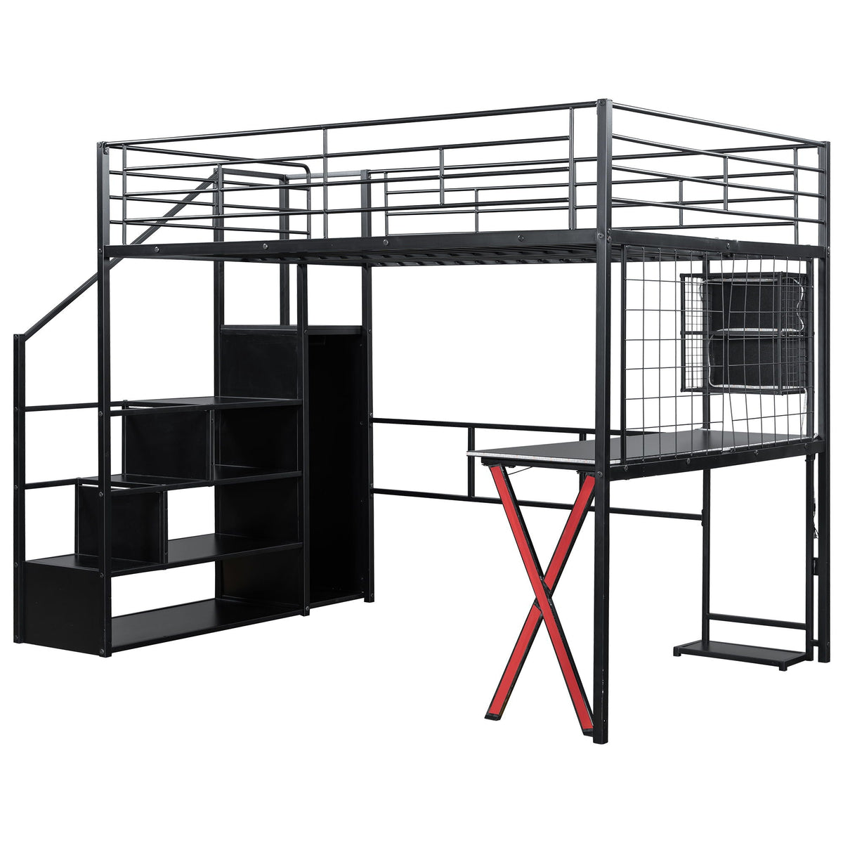 Loft bed with built-in workstation, wardrobe and storage stairs in black metal with LED on Tampa Home & Garden Store