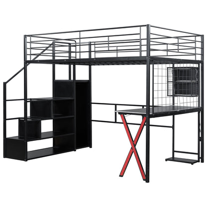 Loft bed with built-in workstation, wardrobe and storage stairs in black metal with LED on Tampa Home & Garden Store