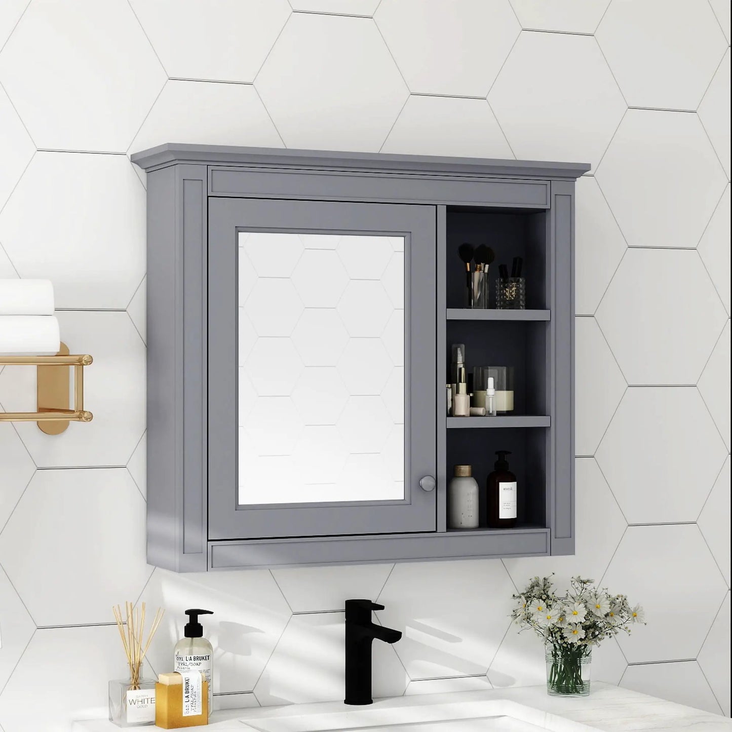 Wall Mounted Cabinet With Mirror and Open Shelves