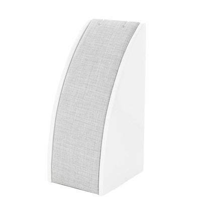 Single necklace display stand with white curved frame and gray linen-like fabric panel on Tampa Home & Garden Store