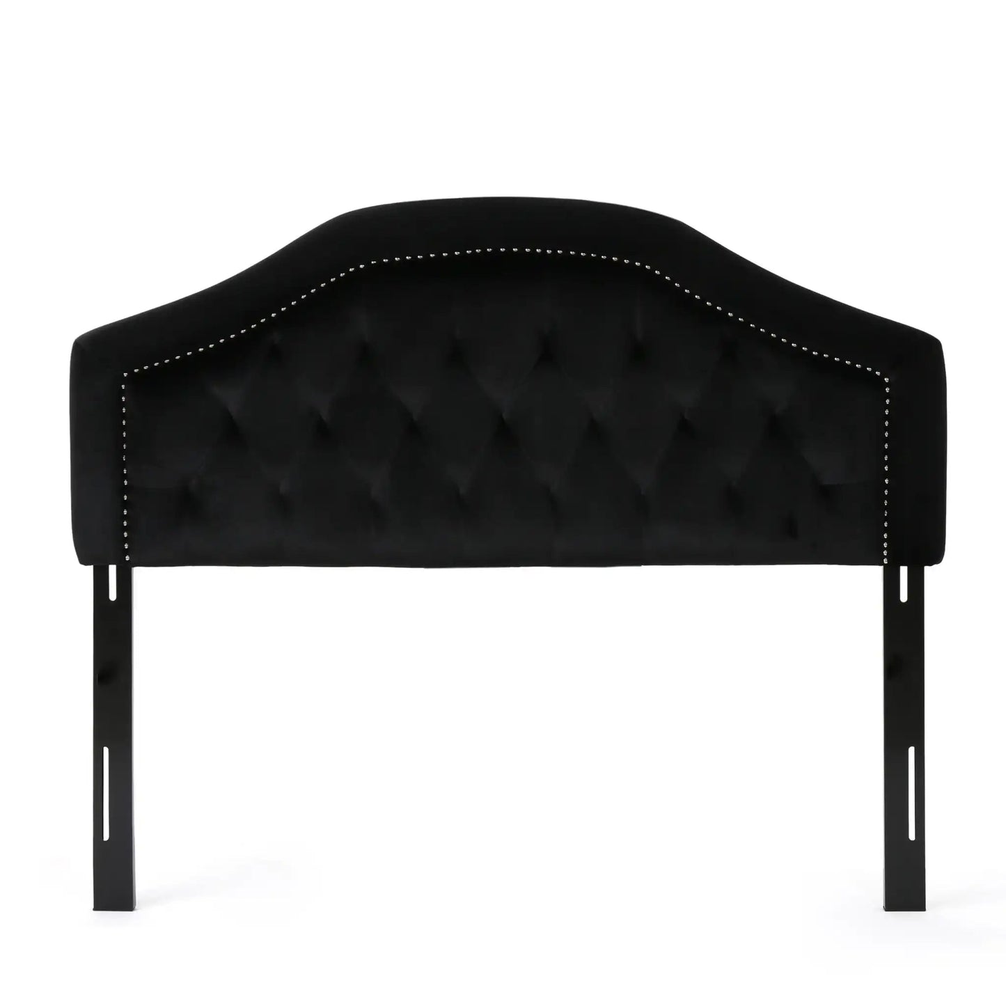 Kaarina tufted fabric headboard in black velvet with diamond tufting and silver nailhead trim on Tampa Home & Garden Store