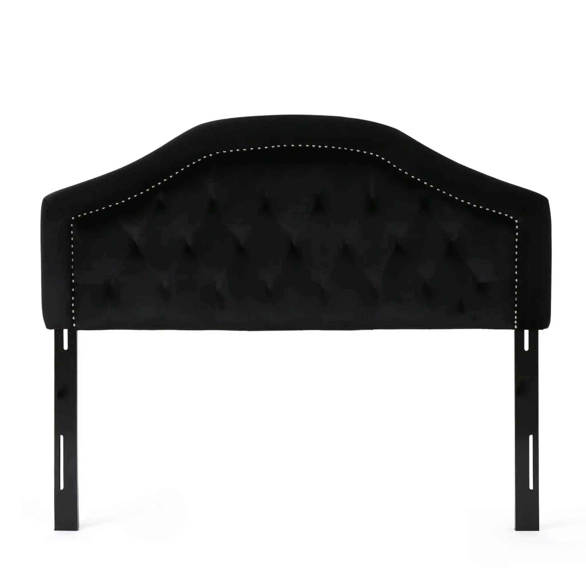 Kaarina tufted fabric headboard in black velvet with diamond tufting and silver nailhead trim on Tampa Home & Garden Store