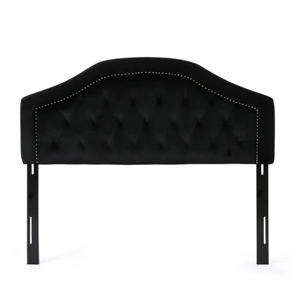 Kaarina tufted fabric headboard in black velvet with diamond tufting and silver nailhead trim on Tampa Home & Garden Store