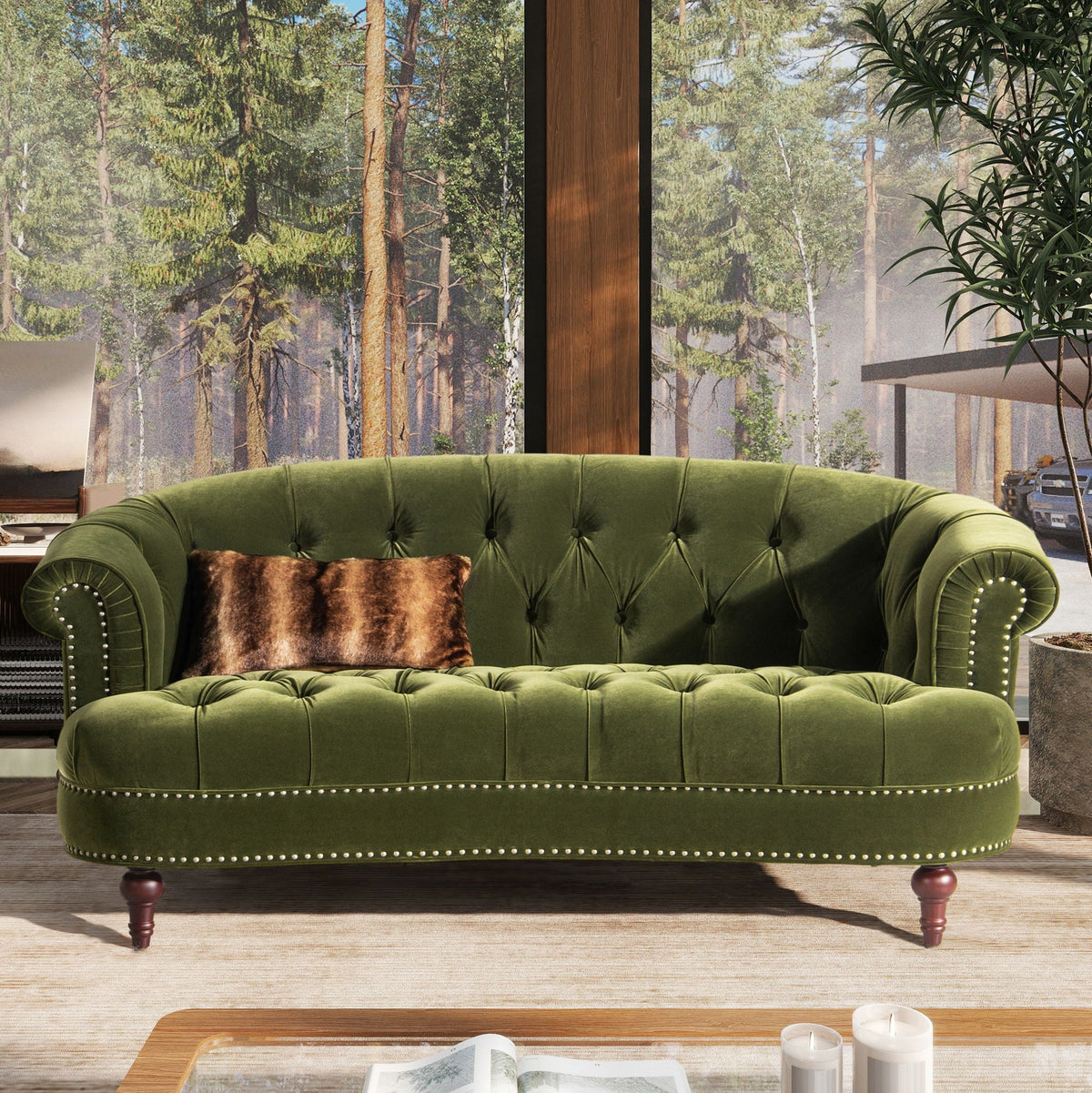 Victorian Chesterfield loveseat in green velvet with tufted cushions, high-density foam on Tampa Home & Garden Store