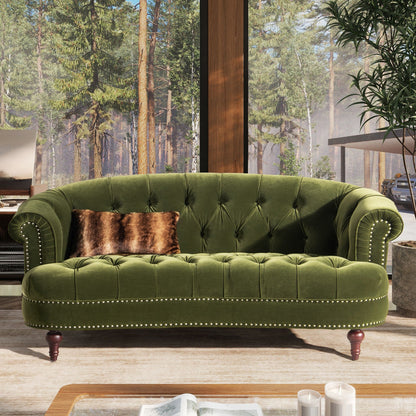 Victorian Chesterfield loveseat in green velvet with tufted cushions, high-density foam on Tampa Home & Garden Store