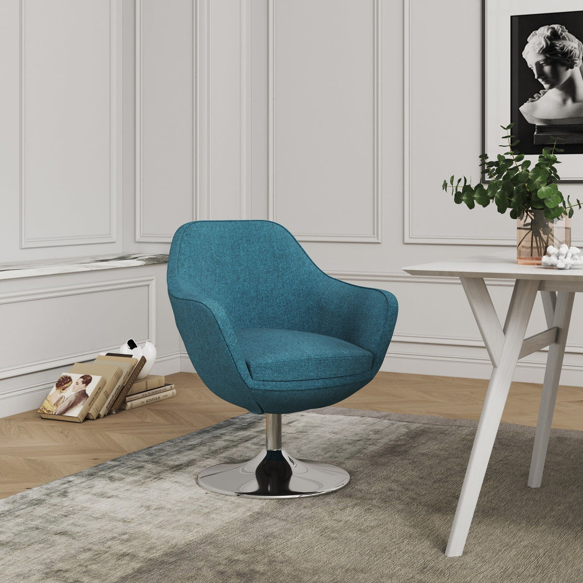 Caisson Swivel Lounge Chair in teal fabric with chrome pedestal base on Tampa Home & Garden Store