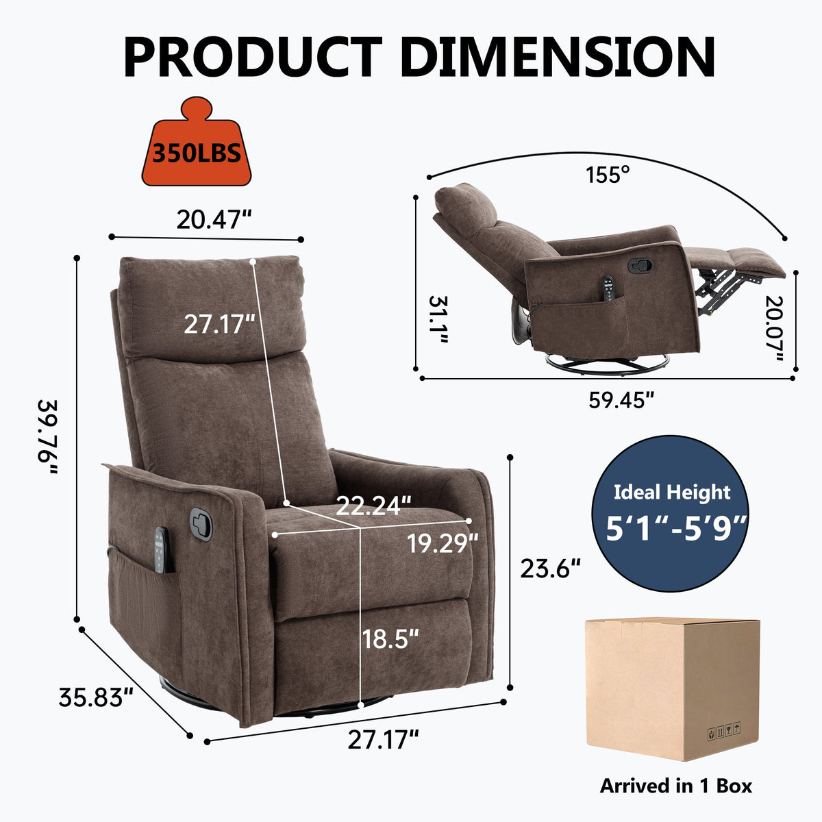 Heat Massage Manual Recliner Chair by HouseOfZazla in brown fabric with rocker and swivel on Tampa Home & Garden Store