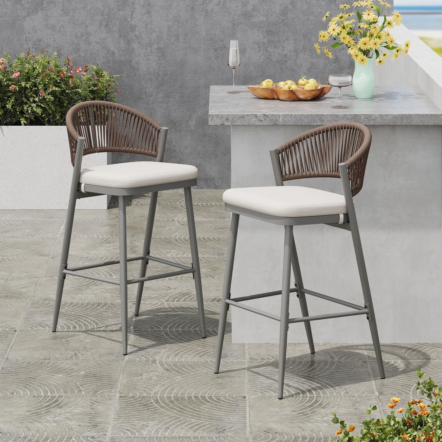 Outdoor Bar Stools With Scallop Cushion And Frame