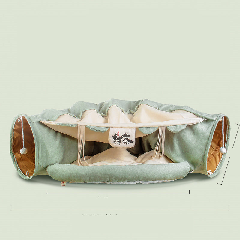 Four Seasons Universal Cat Tunnel Bed, sage green fabric with beige interior, plush cushion on Tampa Home & Garden Store