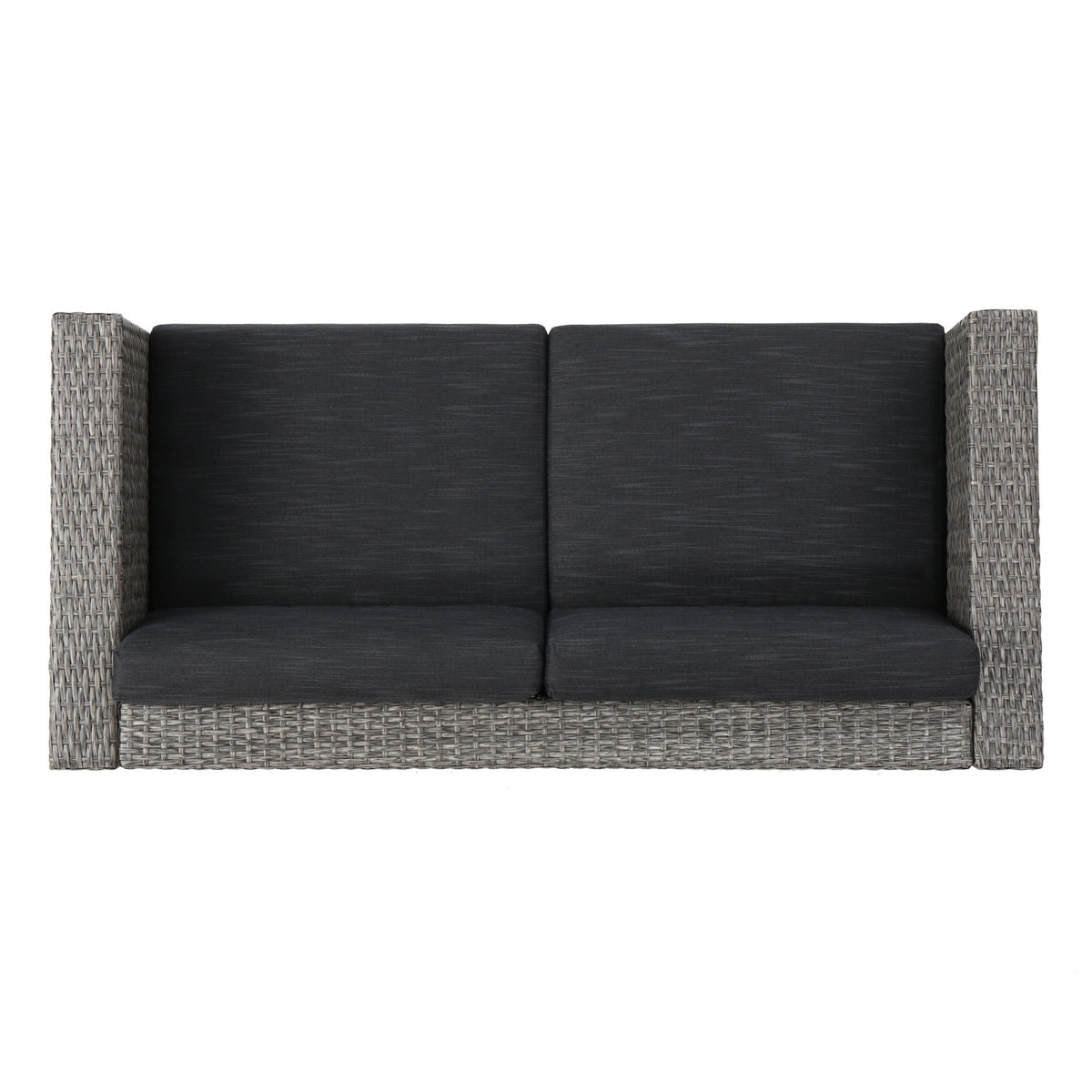 Puerta 4-Piece Outdoor Furniture Set with dark charcoal cushions and gray wicker frame on Tampa Home & Garden Store