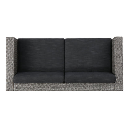 Puerta 4-Piece Outdoor Furniture Set with dark charcoal cushions and gray wicker frame on Tampa Home & Garden Store