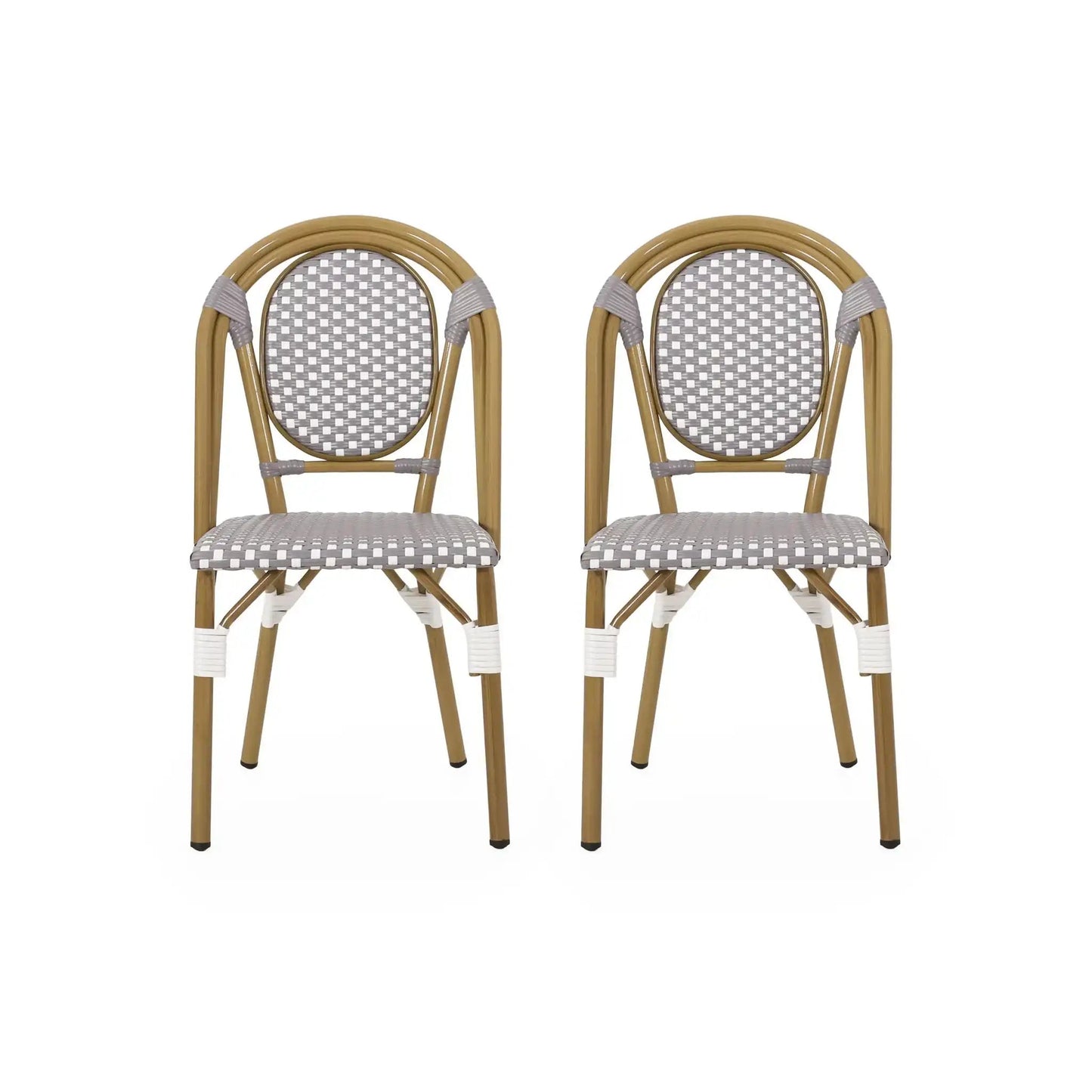 Outdoor Rattan and Aluminum French Bistro Chair Set, 2 chairs with gray woven seats on Tampa Home & Garden Store
