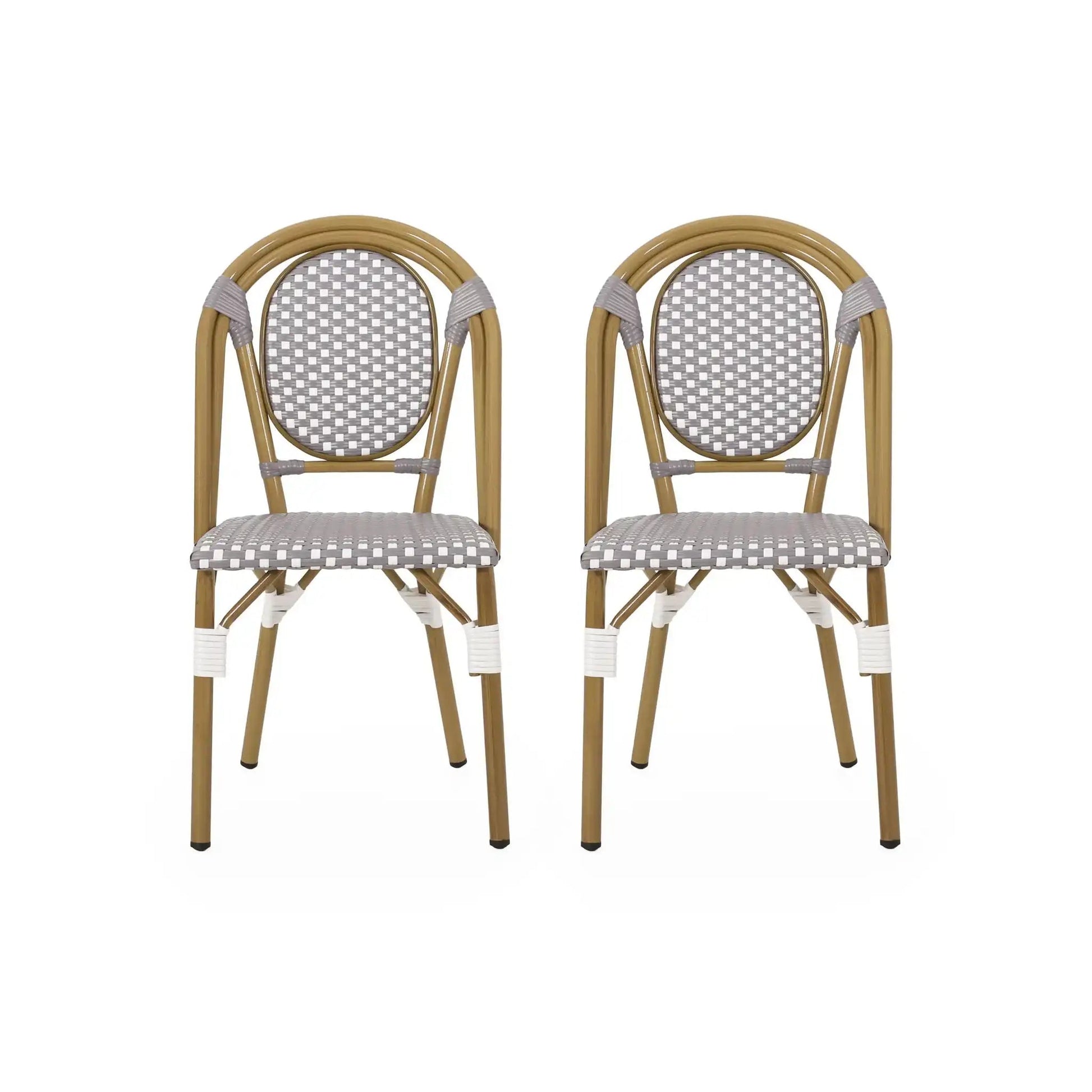 Outdoor Rattan and Aluminum French Bistro Chair Set, 2 chairs with gray woven seats on Tampa Home & Garden Store