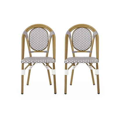 Outdoor Rattan and Aluminum French Bistro Chair Set, 2 chairs with gray woven seats on Tampa Home & Garden Store