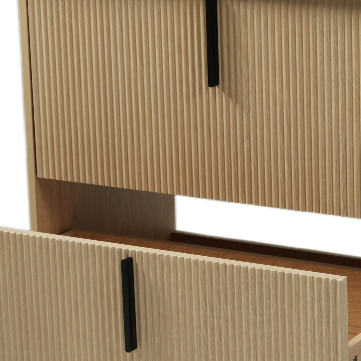Bathroom vanity with fluted light brown wood cabinet and black vertical handles on Tampa Home & Garden Store
