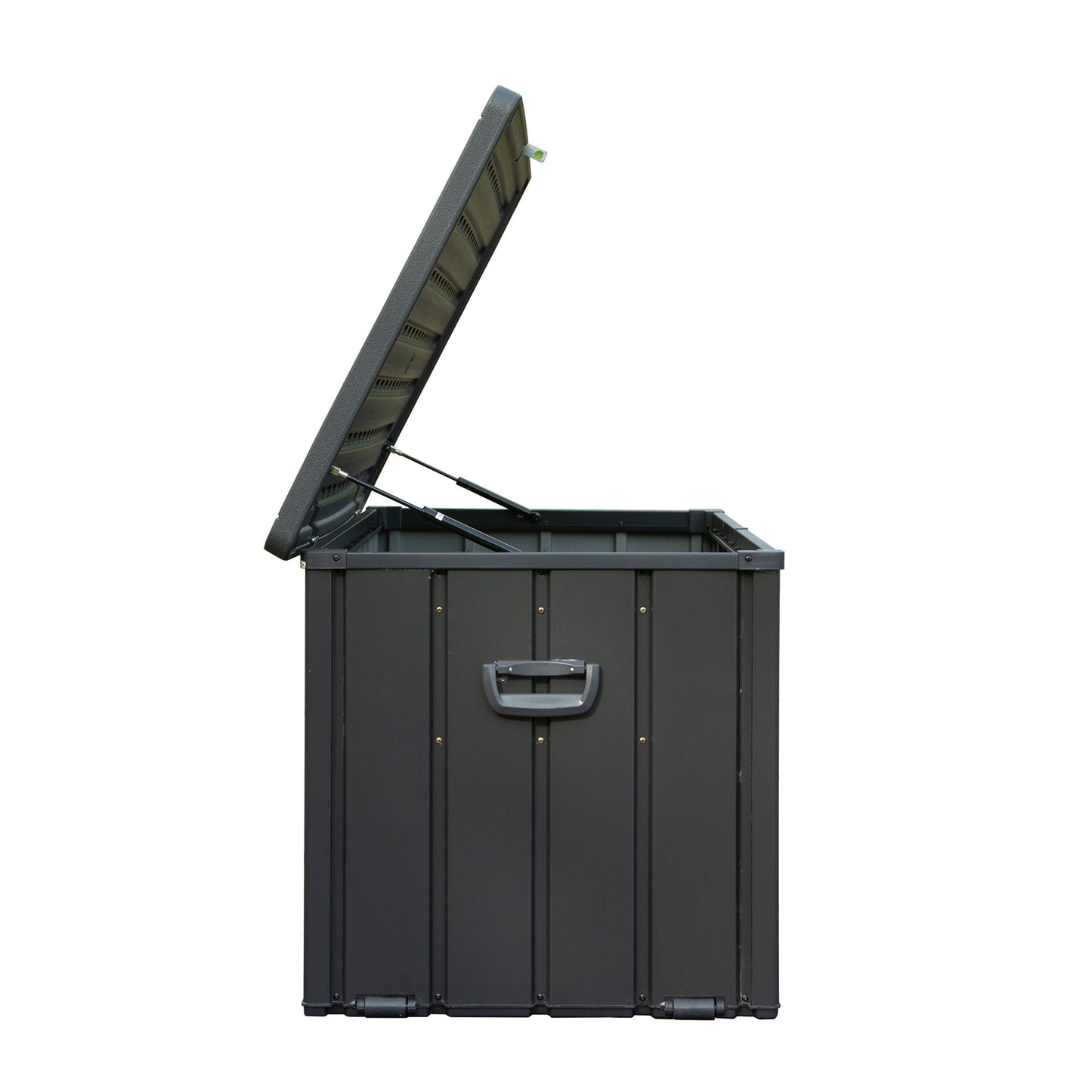 100 Gallon Outdoor Storage Deck Box by HouseOfZazla, dark gray waterproof resin with lid on Tampa Home & Garden Store