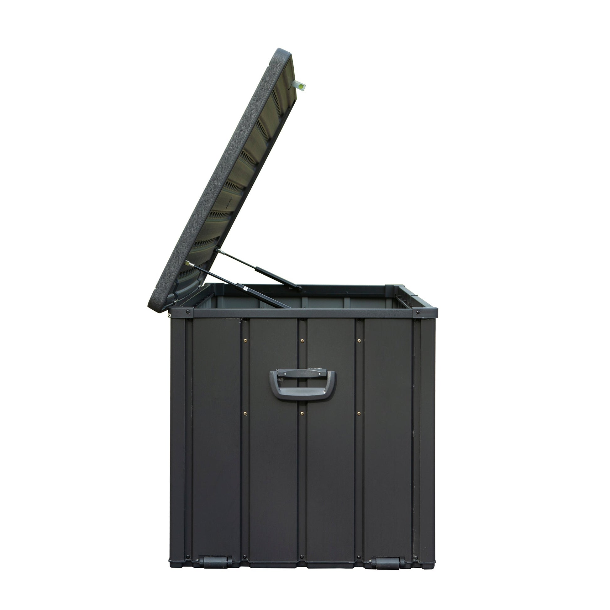 100 Gallon Outdoor Storage Deck Box by HouseOfZazla, dark gray waterproof resin with lid on Tampa Home & Garden Store