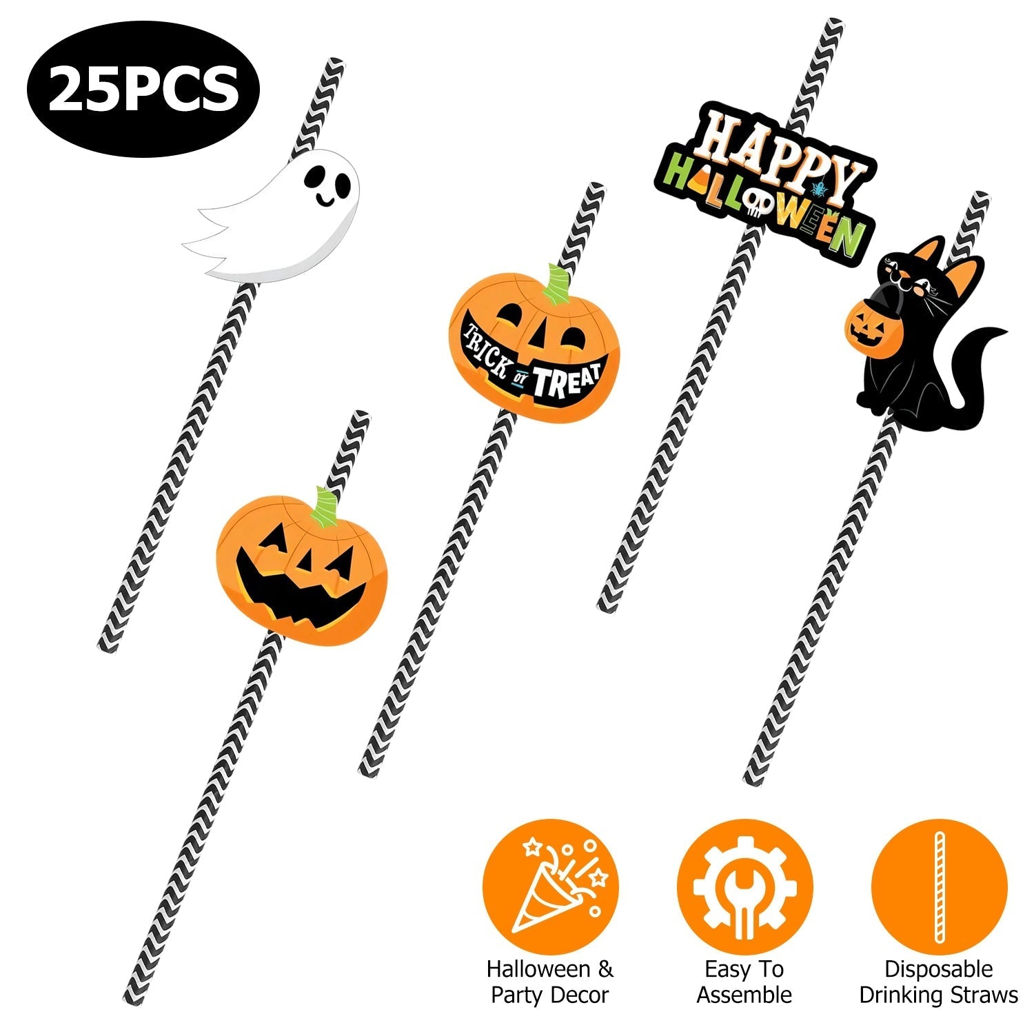 25Pcs Halloween striped paper drinking straws with ghost jack-o'-lanterns and a black cat on Tampa Home & Garden Store