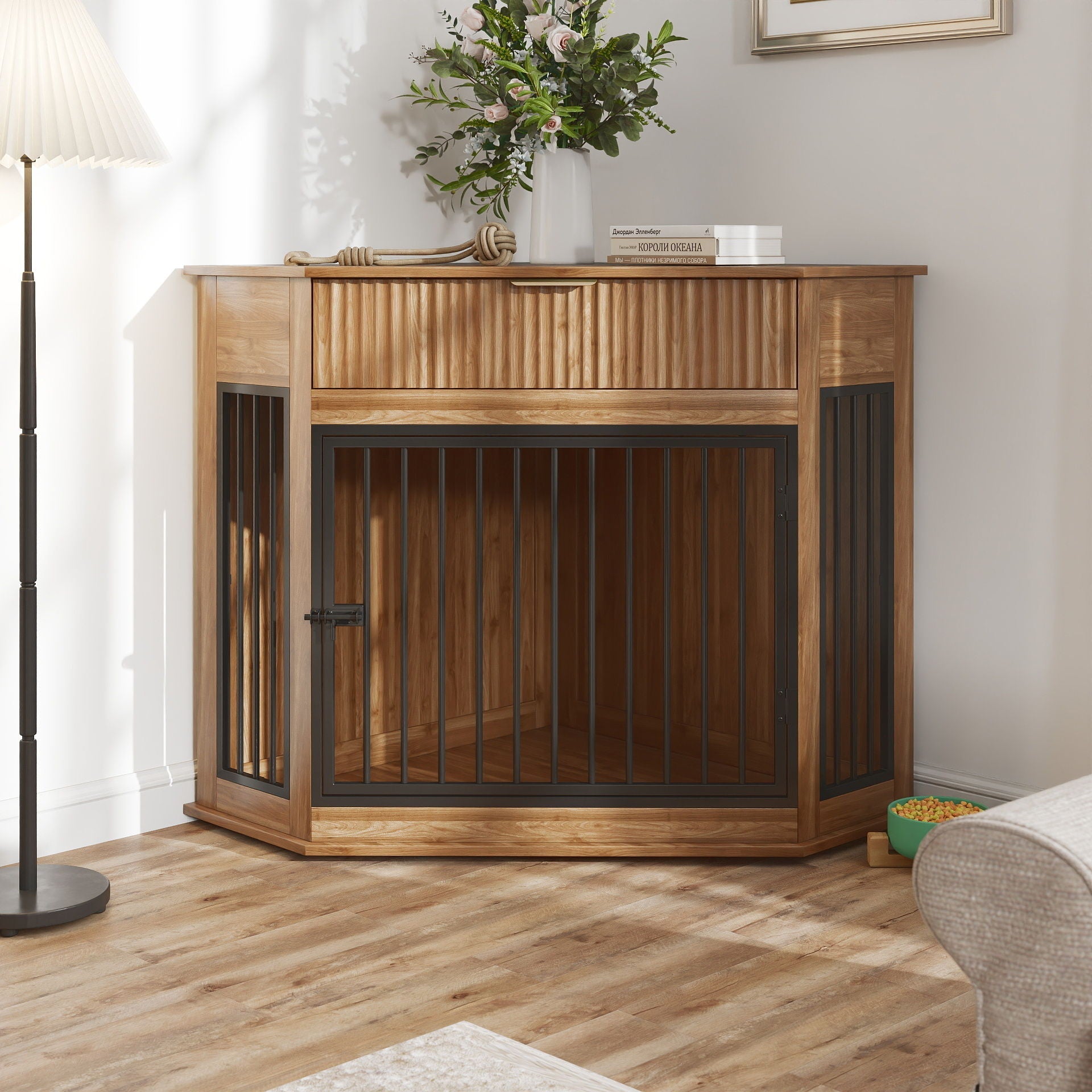 Corner Dog Crate in natural wood with black metal bars HouseOfZazla brand decorative plant and books on top on Tampa Home & Garden Store