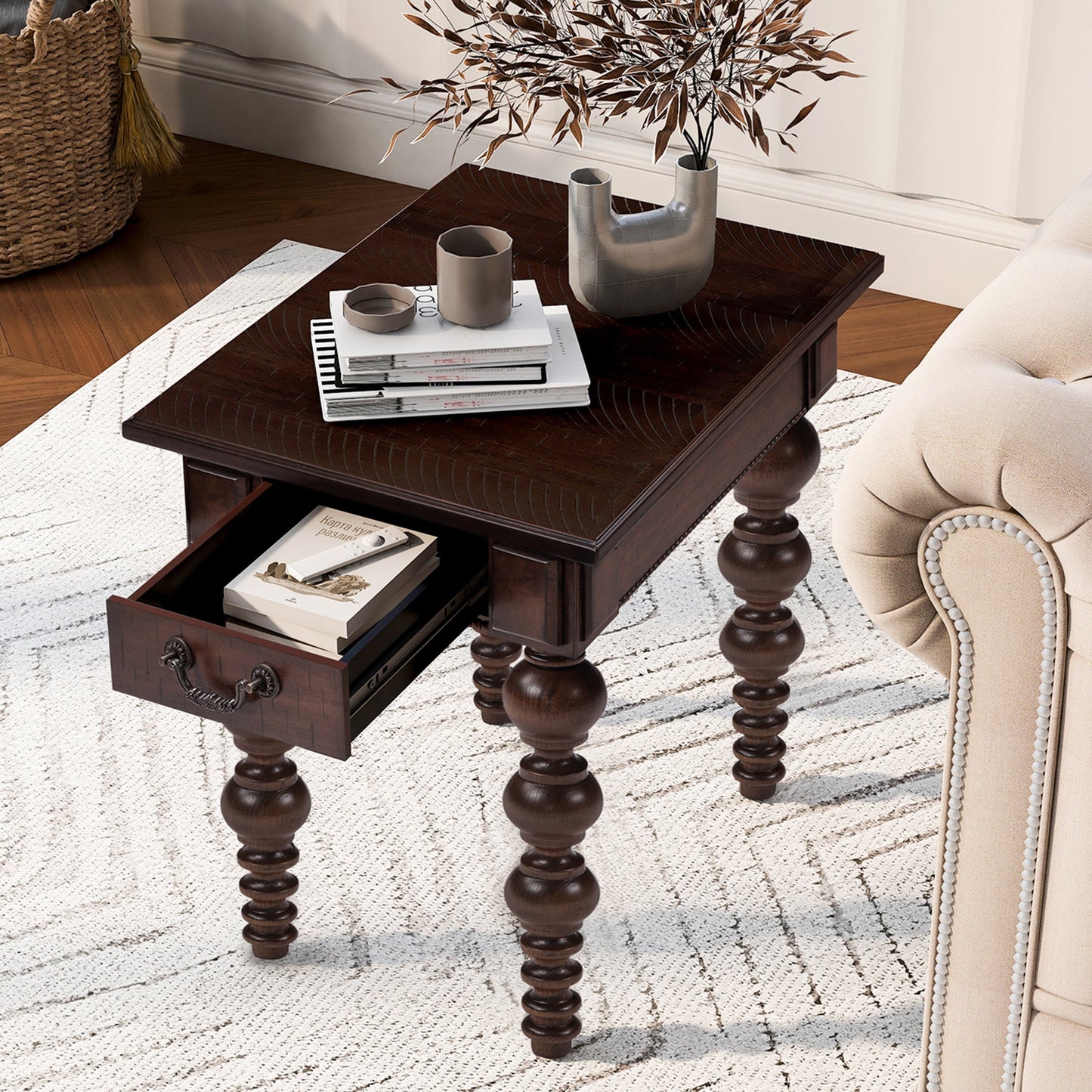 End table in espresso finish with drawer and carved legs, styled with a vase and magazines on Tampa Home & Garden Store