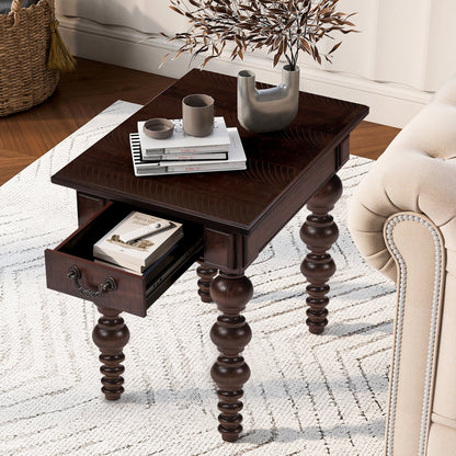 End table in espresso finish with drawer and carved legs, styled with a vase and magazines on Tampa Home & Garden Store