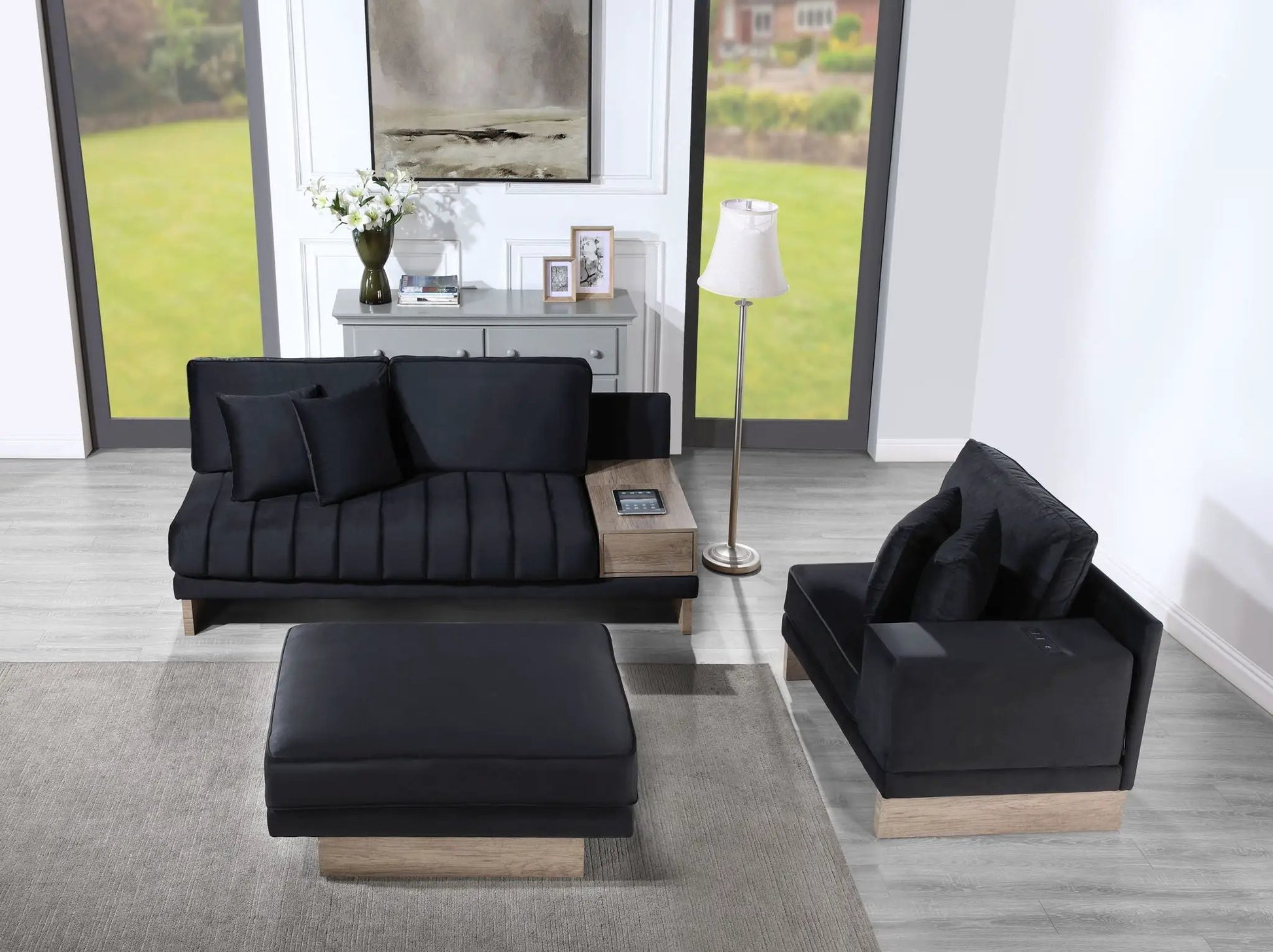 Memphis reversible sectional sofa ottoman with storage and USB outlets; 2-piece set in black on Tampa Home & Garden Store