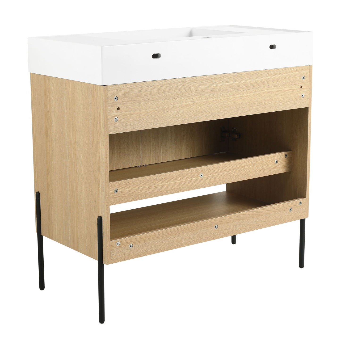 Modern vanity with single resin sink and natural wood cabinet on black legs HouseOfZazla on Tampa Home & Garden Store